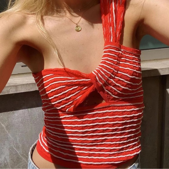 Commense Tops - Commense Red Striped One Shoulder Knit Crop Top - size medium